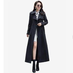 NWT Black Slim Double Breasted Full Length Trench Coat Duster - Large